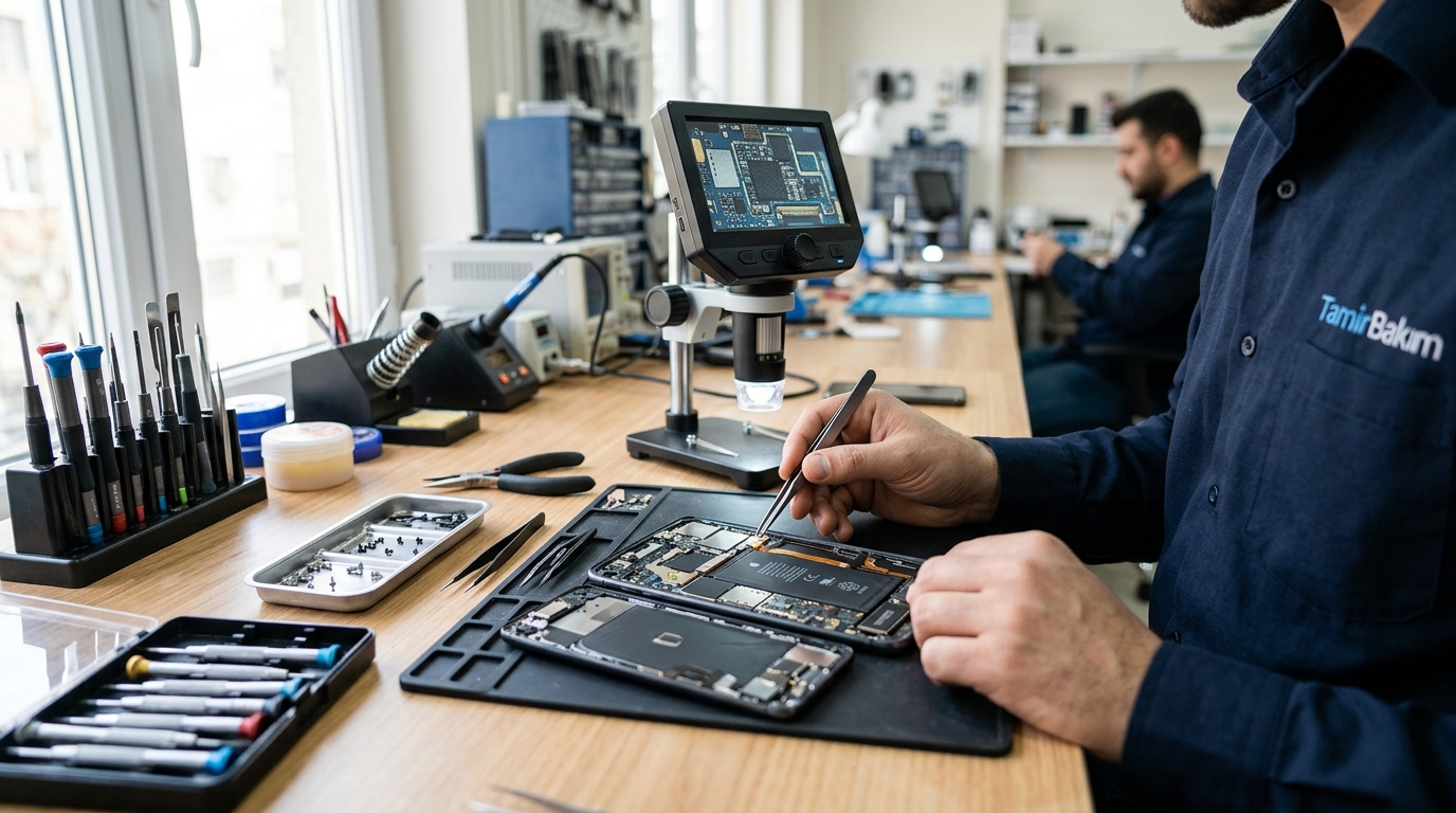 Mikroskop altında elektronik cihaz onarım tezgâhı